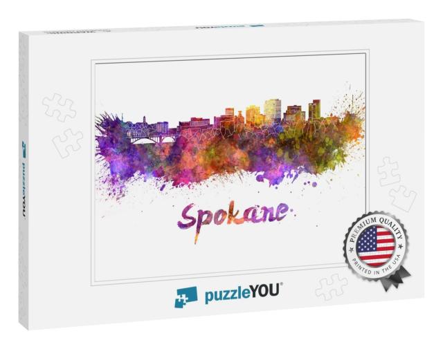Spokane Skyline in Watercolor Splatters with Clipping Pat... Jigsaw Puzzle
