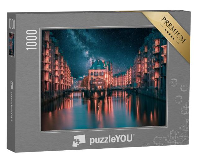 Puzzel 1000 stukjes „Melkweg boven het verlichte pakhuisdistrict in Hamburg“