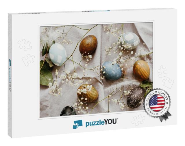 Happy Easter. Stylish Easter Eggs on Rustic Table Flat La... Jigsaw Puzzle