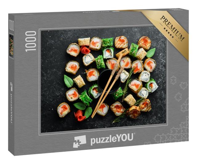 Puzzle „Sushi-Rollen mit Meeresfrüchten auf einer Platte“