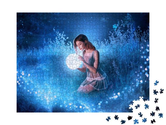 Puzzle 1000 Teile „Nachts im Wald: Junge Elfe hält den Mond in ihren Händen“