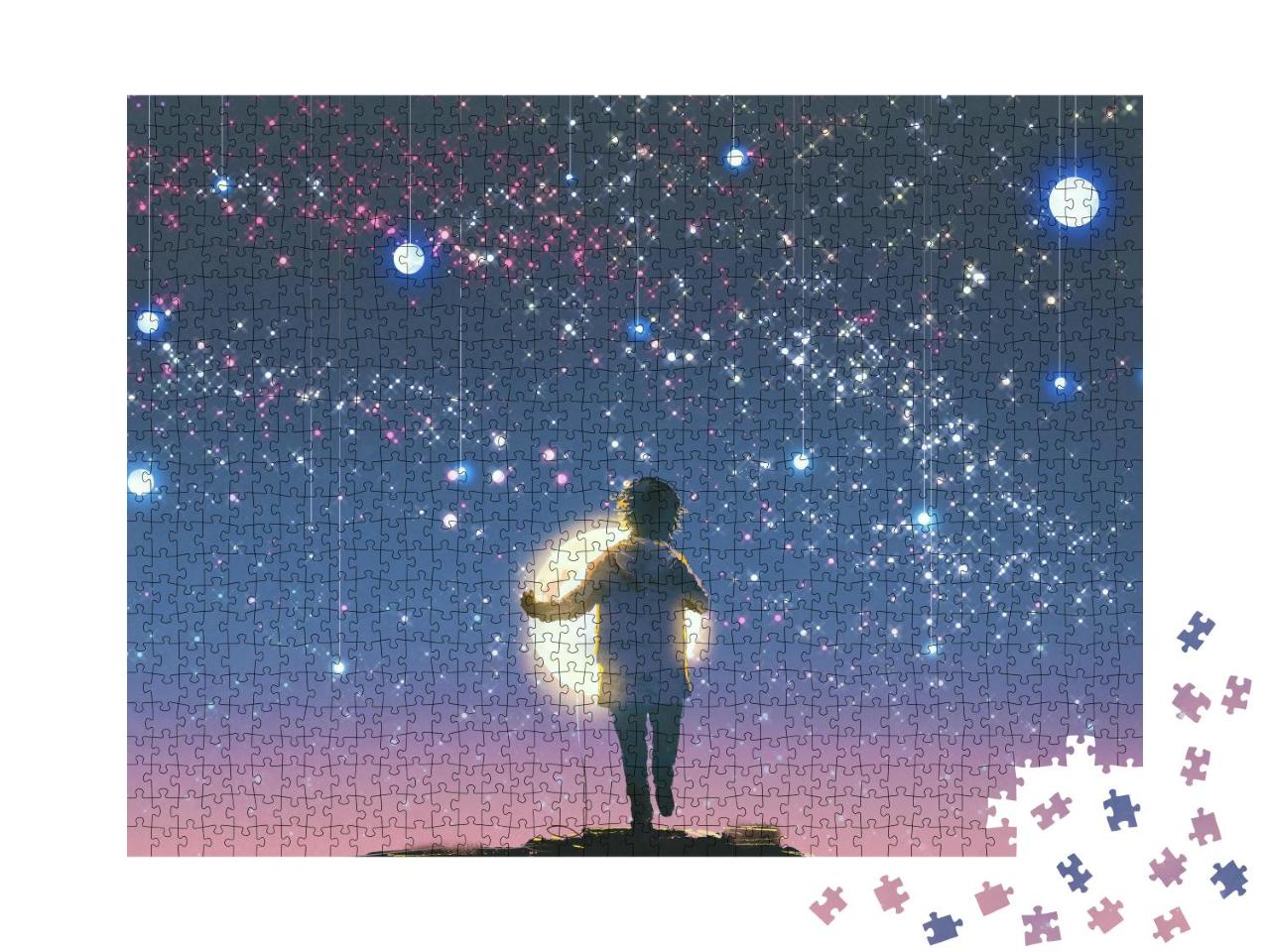 Puzzle 1000 Teile „Junge hält glühenden Mond, hängende Sterne, Himmel“