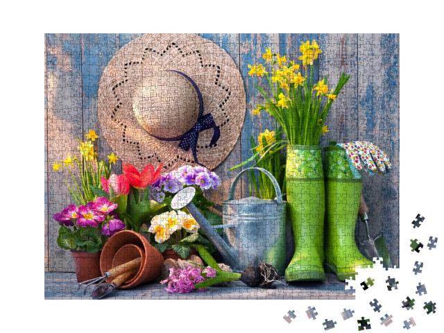 Puzzle 1000 Teile „Gartengeräte und Blumen auf der Terrasse im Garten“