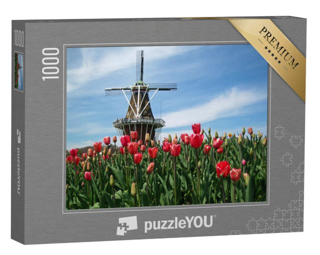 Puzzel 1000 stukjes „Nederlandse windmolen, tijdens het tulpenfestival“