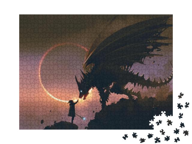 Puzzle 1000 Teile „Digitale Kunst: Der Zauberer und sein Drache“