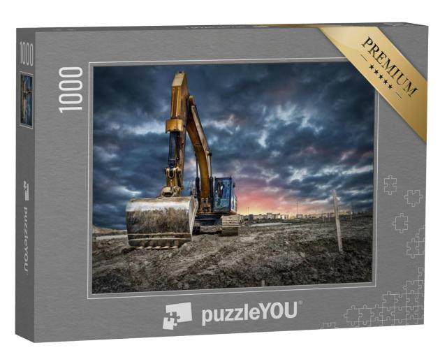 Puzzel 1000 stukjes „Graafmachines op een bouwplaats bij zonsondergang“