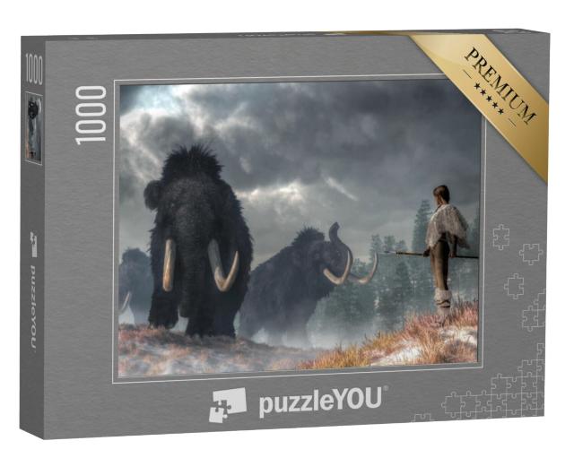 Puzzel 1000 stukjes „Moedige vrouw bij het zien van mammoeten“