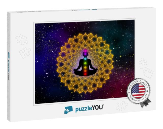 Silhouette Meditation Man & His Seven Chakra on Luxury Go... Jigsaw Puzzle