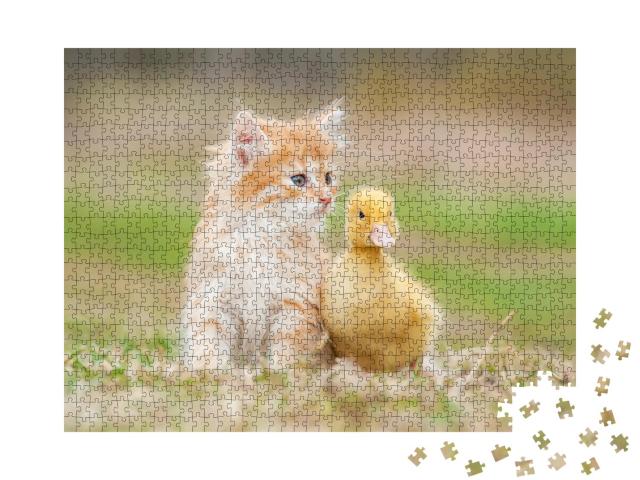Puzzle 1000 Teile „Kleine Katze und Entenküken“