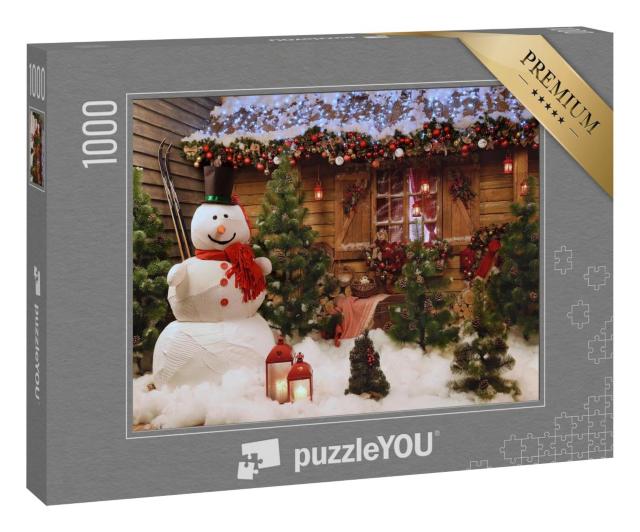 Puzzle 1000 Teile „Festtagsstimmung: Weihnachtsfoto mit Schneemann am Haus“