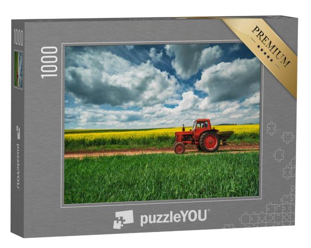 Puzzel 1000 stukjes „Rode tractor met aanhanger voor een koolzaadveld, Oxfordshire“