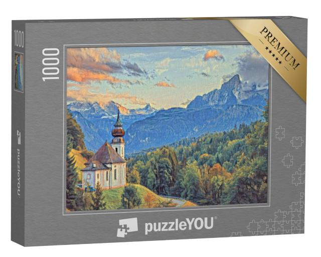 Puzzel 1000 stukjes „in de stijl van Paul-Cezanne - Watzmann met Maria Gern kerk - Puzzelcollectie Kunstenaars & Schilderijen“