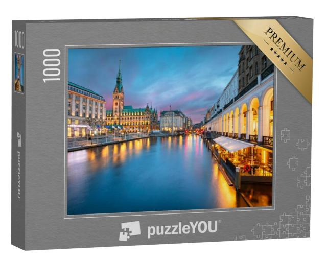 Puzzel 1000 stukjes „Stadhuis van Hamburg en het Alstermeer bij zonsondergang“