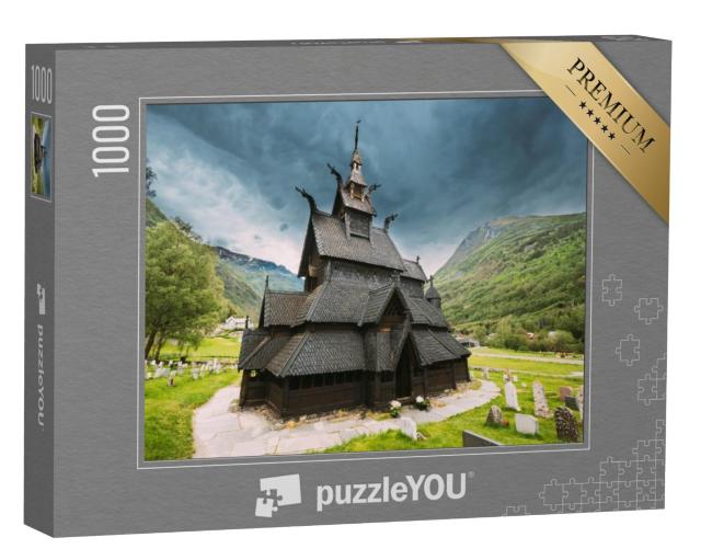 Puzzel 1000 stukjes „Stavkirke, een houten driebeukige staafkerk, Borgund, Noorwegen“