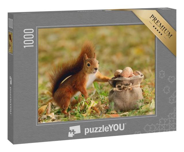 Puzzle 1000 Teile „Porträt eines roten Eichhörnchens, das eine Tüte mit Nüssen hält“