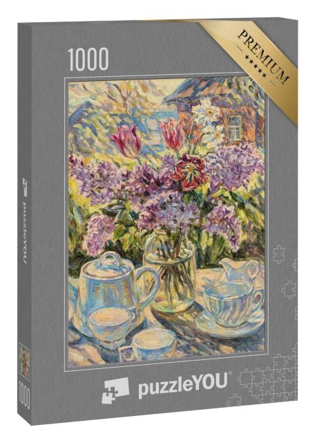 Puzzle 1000 Teile „Stillleben gedeckter Kaffeetisch mit Blumen, Ölgemälde“