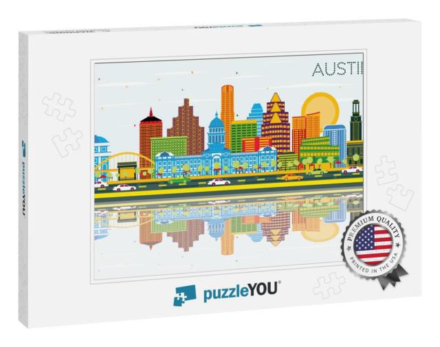 Austin Texas Skyline with Color Buildings, Blue Sky & Ref... Jigsaw Puzzle