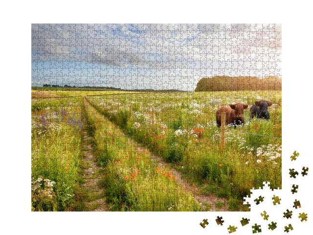 Puzzle 1000 Teile „Blumenwiese mit zwei schönen Kühen und einem Weg“
