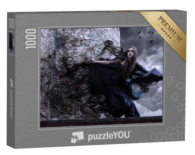 Puzzel 1000 stukjes „Heks met zwarte jurk en donkere make-up“