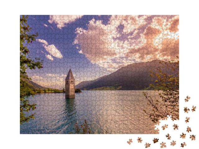 Puzzle 1000 Teile „Versunkener Glockenturm im Reschensee, Südtirol“