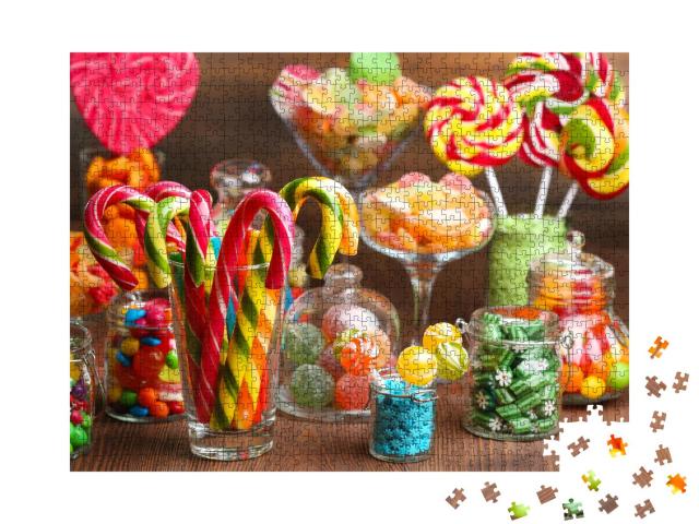 Puzzle 1000 Teile „Bunte Bonbons in Gläsern auf einem Holztisch, köstliche Candybar“