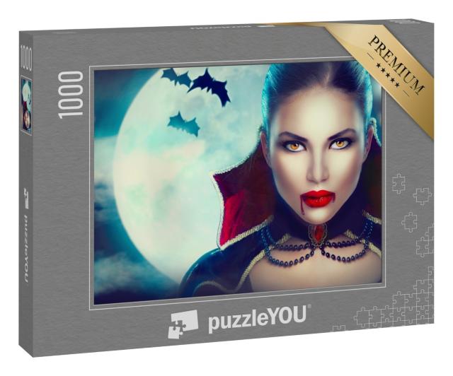 Puzzle 1000 Teile „Halloween: Porträt einer Vampirfrau vor Vollmond, tropfendes Blut“