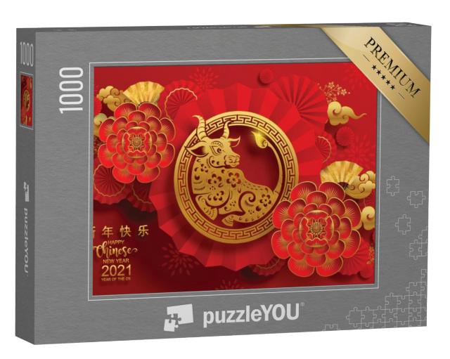 Puzzel 1000 stukjes „Jaar van de Os, Chinees Nieuwjaar 2021, rood en goud papier“