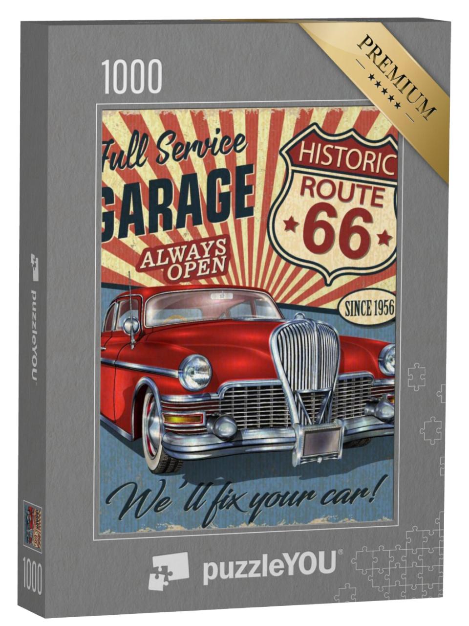 Puzzel 1000 stukjes „Vintage Route 66 bord met rode klassieke auto“