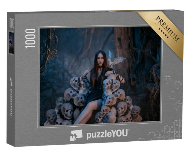 Puzzel 1000 stukjes „Sexy vampier zit op een troon gemaakt van schedels“