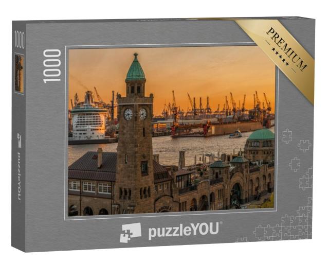 Puzzel 1000 stukjes „Zonsondergang over de steigers en de haven in Hamburg“