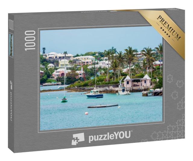Puzzle 100 Teile „Boote und bunte Architektur an der Küste in Hamilton, Bermuda“