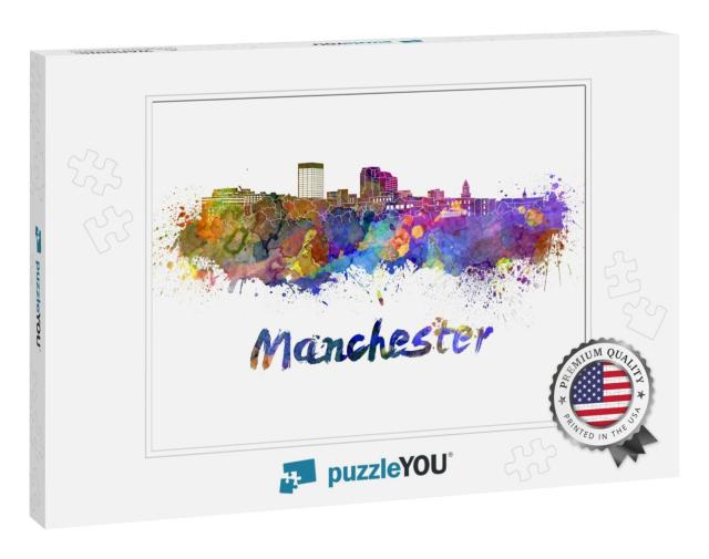 Manchester Skyline in Watercolor Splatters with Clipping... Jigsaw Puzzle