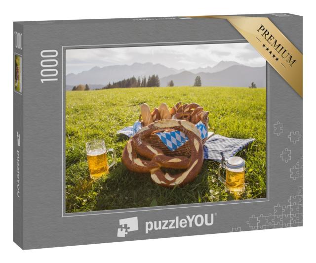 Puzzle 1000 Teile „Brezeln mit Bier, Brotzeit in Bayern, Allgäu, Deutschland“