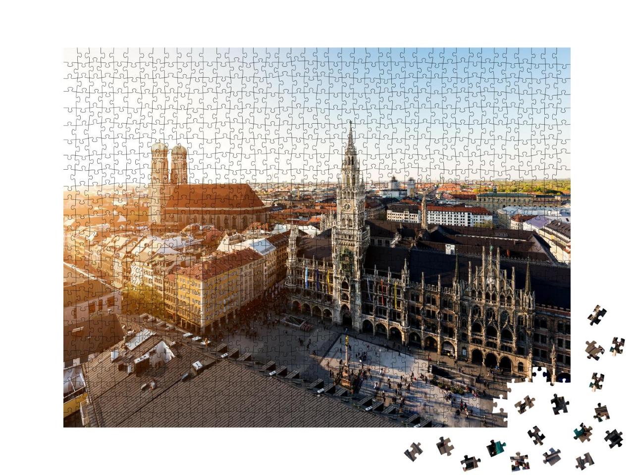 Puzzle 1000 Teile „Luftaufnahme: altes Rathaus und Marienplatz, München, Bayern“
