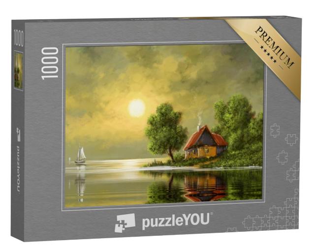 Puzzel 1000 stukjes „Olieverfschilderij: landelijk landschap bij een meer“