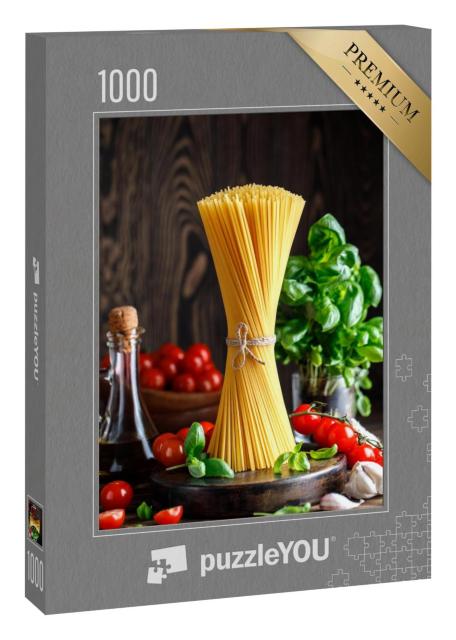 Puzzle 1000 Teile „Spaghetti, im Hintergrund Basilikum und Tomaten“