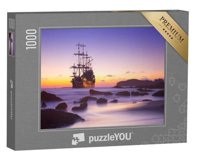 Puzzel 1000 stukjes „Piratenschip verlaat het eiland bij zonsondergang“