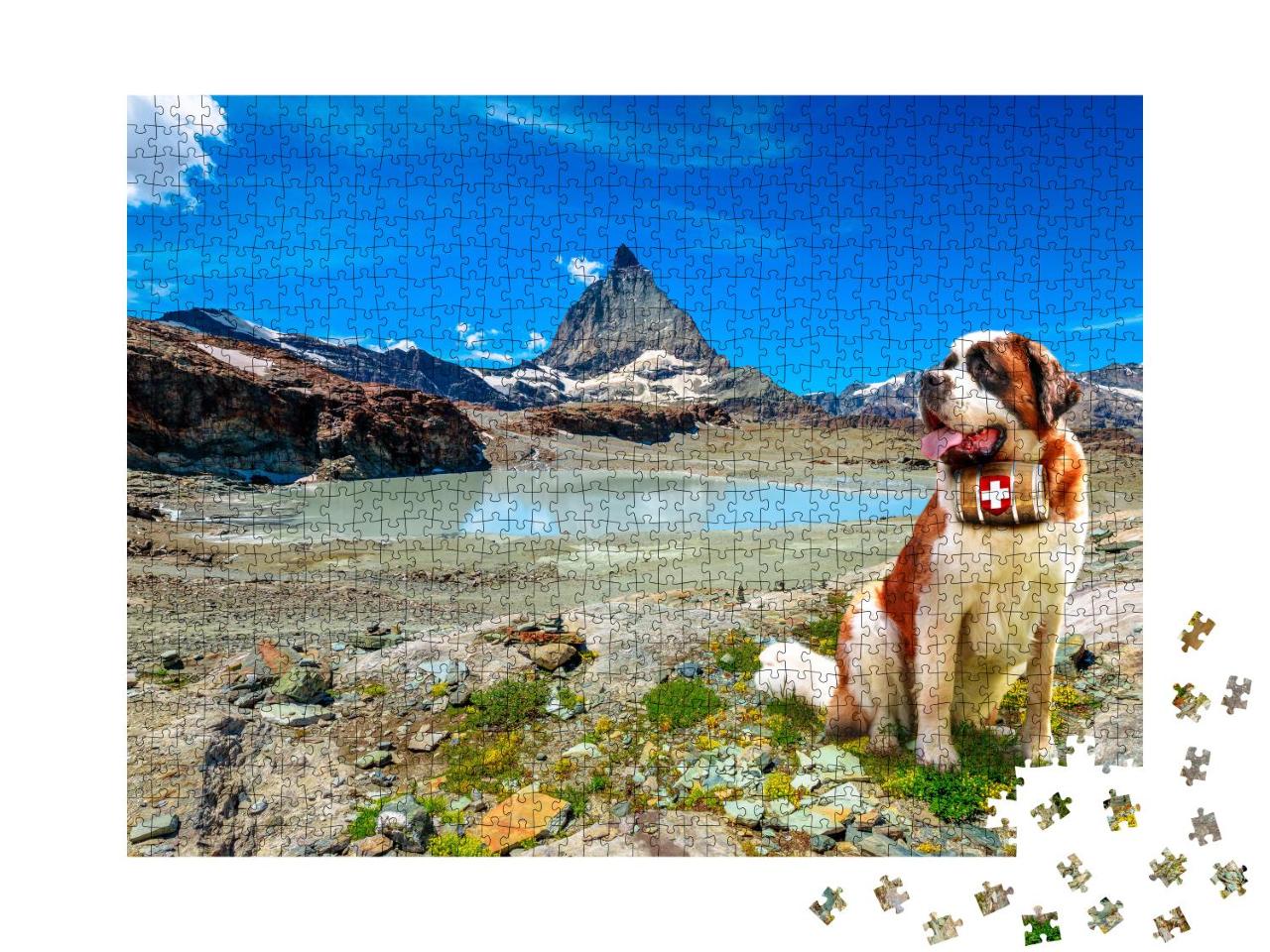 Puzzle 1000 Teile „Bernhardiner-Rettungshund mit Schnapsfass vor den Alpen, Zermatt“