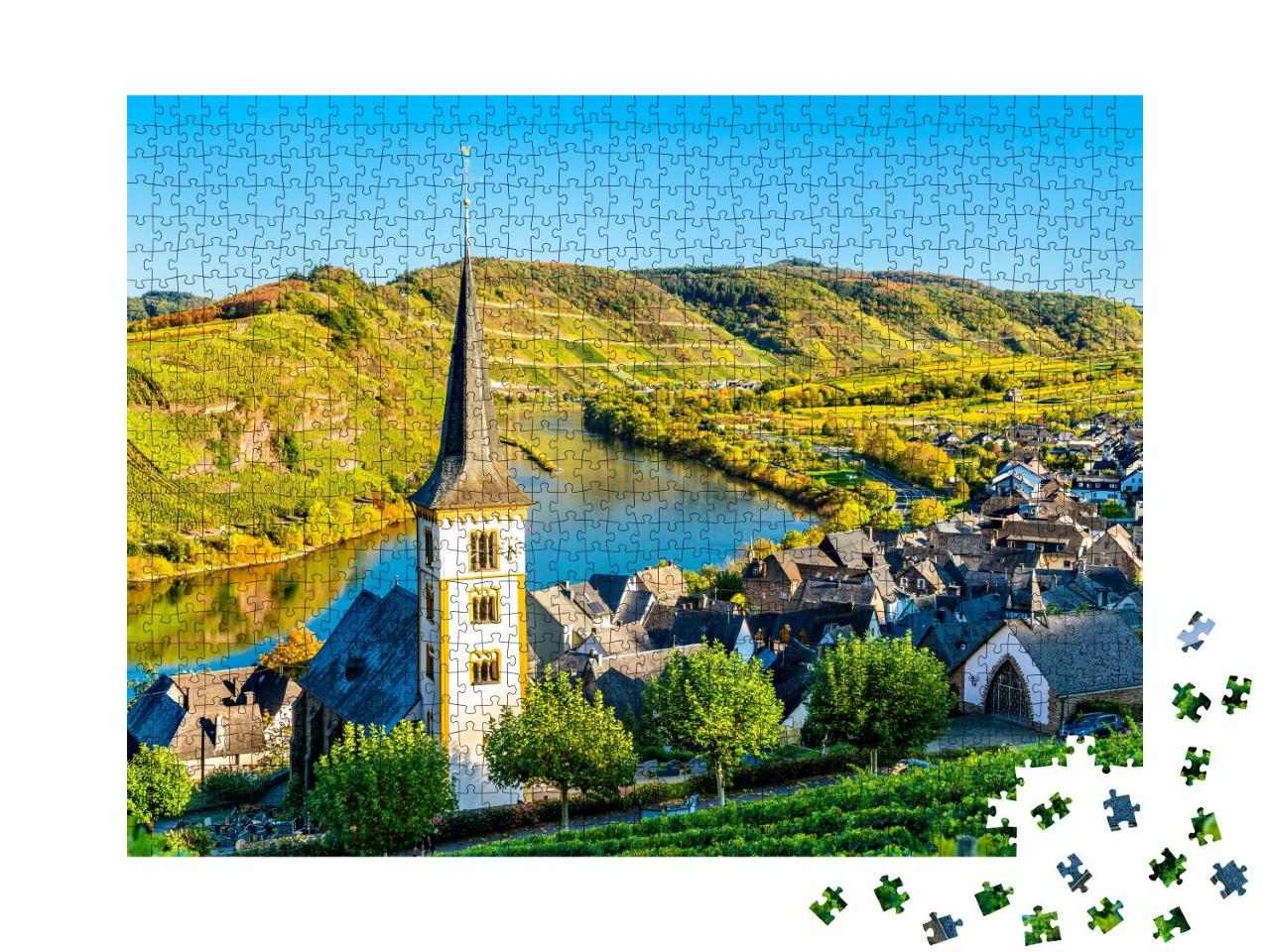 Puzzle 1000 Teile „Sankt-Lorenz-Kirche an der Moselschleife, Bremm, Rheinland-Pfalz, Deutschland“