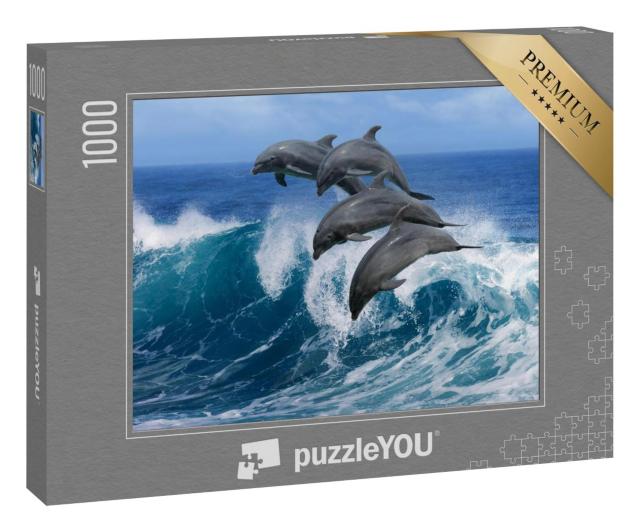 Puzzle 1000 Teile „Vier schöne Delphine springen über brechende Wellen, Hawaii “