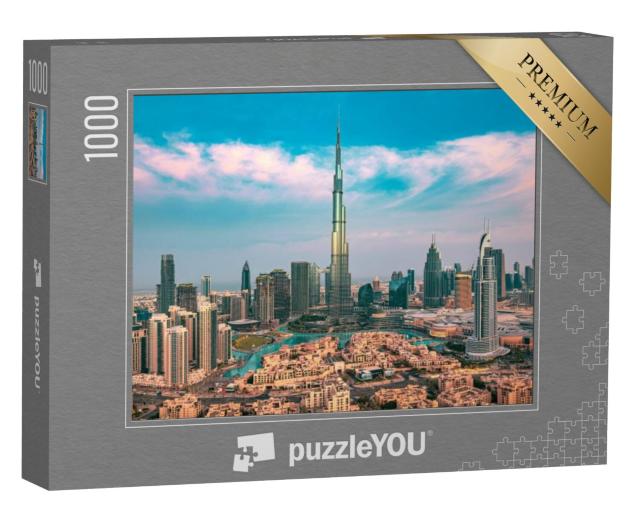 Puzzel 1000 stukjes „De skyline van het stadscentrum van Dubai met wolkenkrabbers bij zonsopgang“