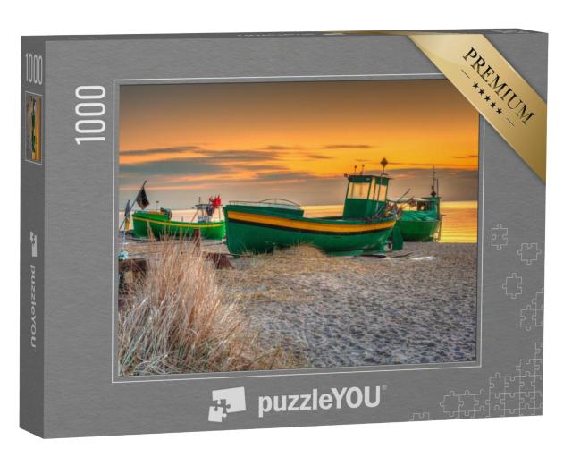 Puzzel 1000 stukjes „Vissersboten op het strand van de Oostzee bij zonsopgang, Gdynia Orlowo, Polen“