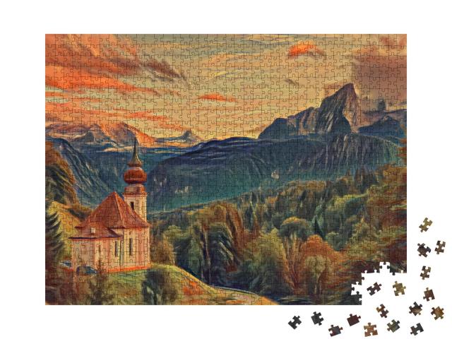 Puzzle 1000 Teile „im Stil von Edvard Munch, Der Schrei - Watzmann mit Kirche Maria Gern - Puzzle-Kollektion Künstler & Gemälde“