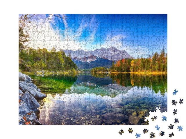 Puzzle 1000 Teile „Wunderschöne Herbstlandschaft am Eibsee, Bayerische Alpen, Deutschland“