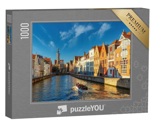 Puzzel 1000 stukjes „Canal Spiegelrei en Jan Van Eyckplein in de ochtend in Brugge, België“