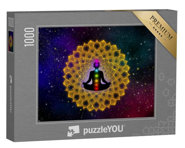 Puzzel 1000 stukjes „Man en zijn zeven chakra's op luxe gouden mandala“