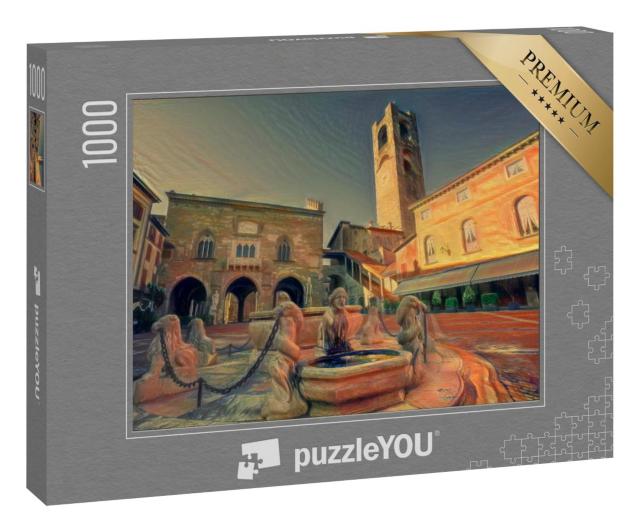 Puzzle 1000 Teile „im Stil von Edvard Munch, Der Schrei - Piazza Vecchia in der Altstadt von Bergamo“