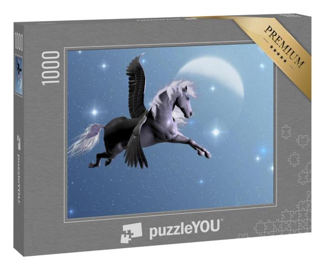 Puzzle 1000 Teile „Der silberne Pegasus fliegt in einer hellen Nacht nahe den Sternen und dem Mond“