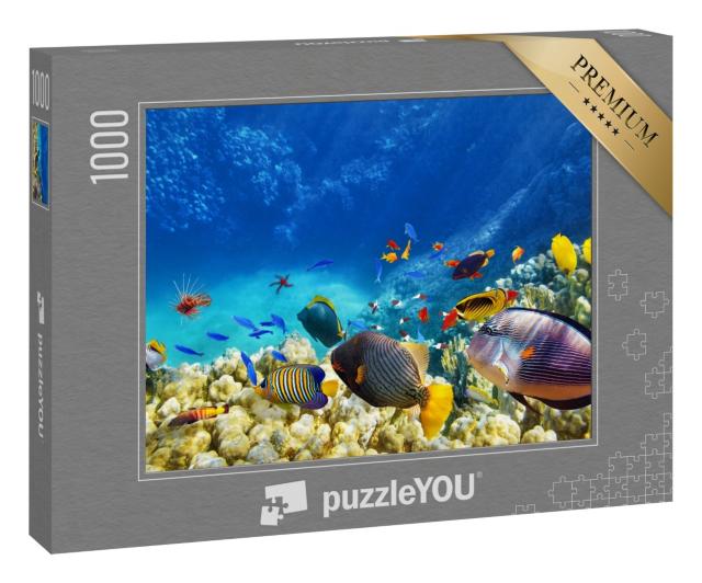 Puzzle 1000 Teile „Unterwasserwelt mit Korallen und tropischen Fischen, blaues Meer, Sonnenstrahlen“