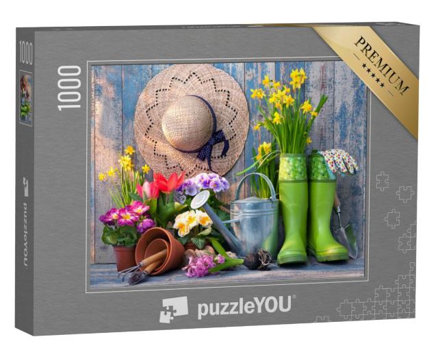 Puzzel 1000 stukjes „Tuingereedschap en bloemen op het terras in de tuin“